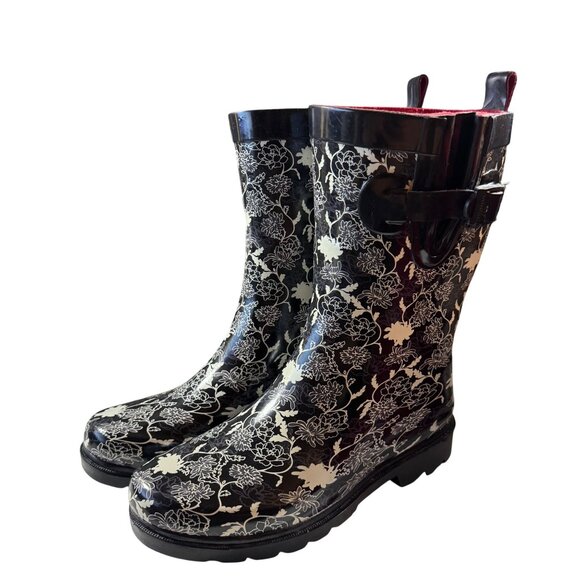 Women's Capelli Black & White Floral Rain Boots Size 7 Adjustable Strap - Picture 1 of 8